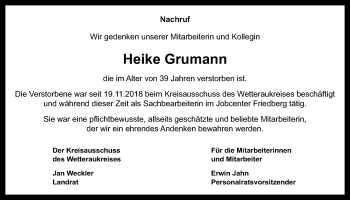 Traueranzeige von Heike Grumann von Wetterauer Zeitung
