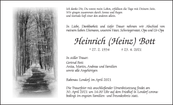 Traueranzeige von Heinrich Bott von Giessener Allgemeine, Alsfelder Allgemeine