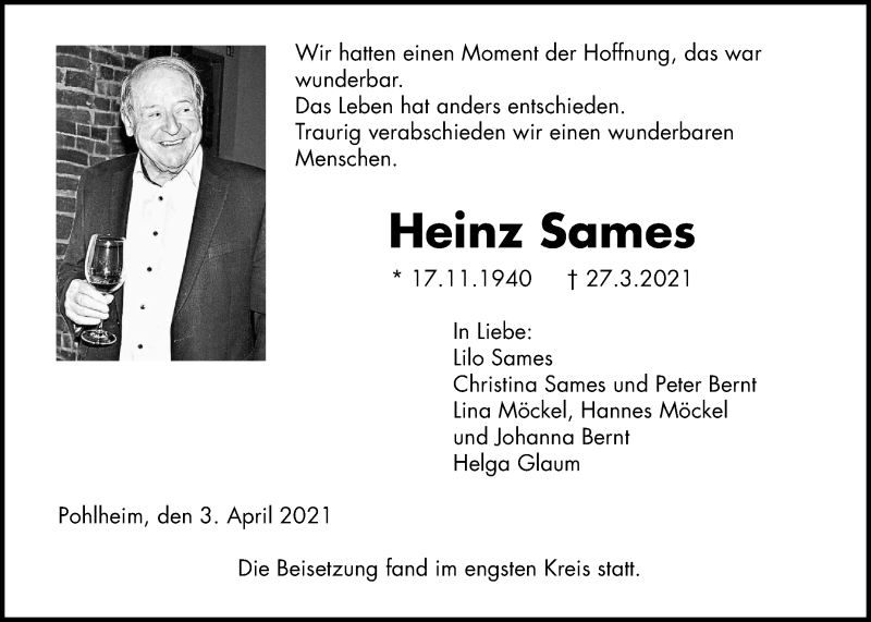  Traueranzeige für Heinz Sames vom 03.04.2021 aus Giessener Allgemeine, Alsfelder Allgemeine