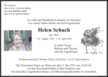 Traueranzeige von Helen Schuch von Wetterauer Zeitung