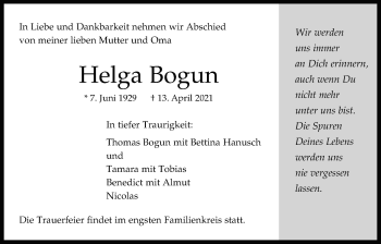 Traueranzeige von Helga Bogun von Bad Vilbel/Karben