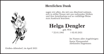 Traueranzeige von Helga Dengler von Giessener Allgemeine, Alsfelder Allgemeine
