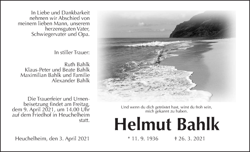  Traueranzeige für Helmut Bahlk vom 03.04.2021 aus Wetterauer Zeitung