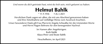Traueranzeige von Helmut Bahlk von Wetterauer Zeitung