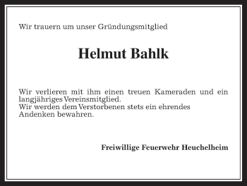 Traueranzeige von Helmut Bahlk von Wetterauer Zeitung