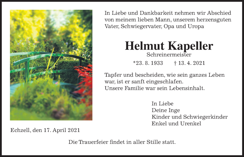  Traueranzeige für Helmut Kapeller vom 17.04.2021 aus Wetterauer Zeitung
