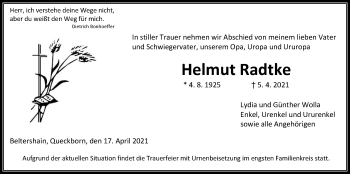 Traueranzeige von Helmut Radtke von Giessener Allgemeine, Alsfelder Allgemeine
