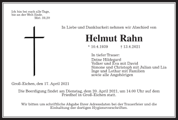 Traueranzeige von Helmut Rahn von Alsfelder Allgemeine