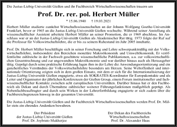 Traueranzeige von Herbert Müller von Giessener Allgemeine, Alsfelder Allgemeine