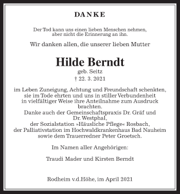 Traueranzeige von Hilde Berndt von Wetterauer Zeitung