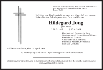 Traueranzeige von Hildegard Jung von Giessener Allgemeine, Alsfelder Allgemeine