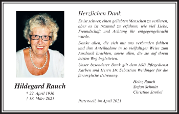 Traueranzeige von Hildegard Rauch von Bad Vilbel/Karben