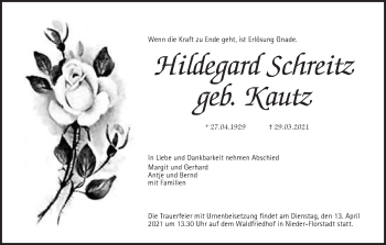 Traueranzeige von Hildegard Schreitz von Wetterauer Zeitung