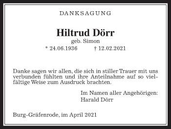 Traueranzeige von Hiltrud Dörr von Wetterauer Zeitung