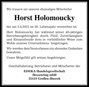 Traueranzeige von Horst Holomoucky von Giessener Allgemeine, Alsfelder Allgemeine