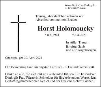Traueranzeige von Horst Holomoucky von Giessener Allgemeine, Alsfelder Allgemeine