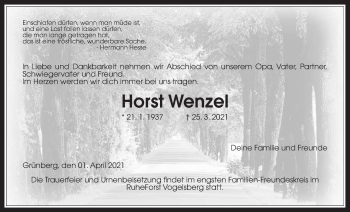 Traueranzeige von Horst Wenzel von Giessener Allgemeine, Alsfelder Allgemeine