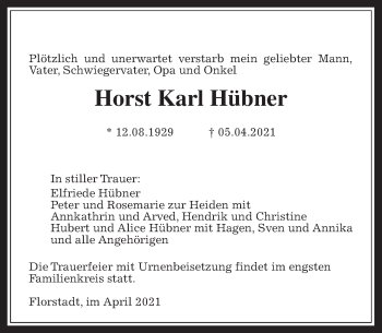 Traueranzeige von Horst Karl Hübner von Wetterauer Zeitung