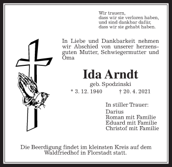 Traueranzeige von Ida Arndt von Wetterauer Zeitung