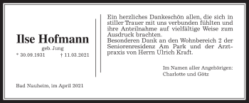 Traueranzeige von Ilse Hofmann von Wetterauer Zeitung