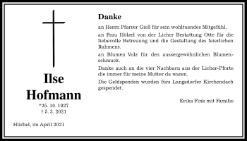 Traueranzeige von Ilse Hofmann von Licher Wochenblatt
