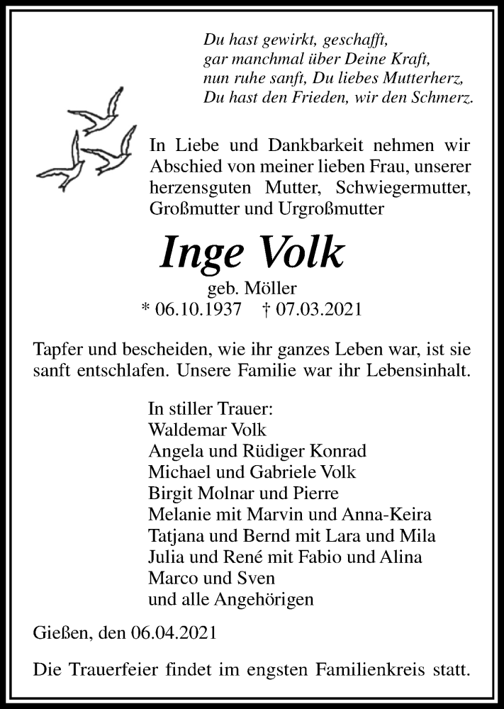  Traueranzeige für Inge Volk vom 06.04.2021 aus Giessener Allgemeine, Alsfelder Allgemeine