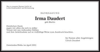 Traueranzeige von Irma Daudert von Alsfelder Allgemeine