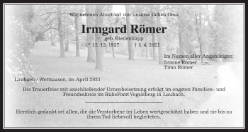 Traueranzeige von Irmgard Römer von Mücker Stimme