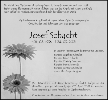 Traueranzeige von Josef Schacht von Giessener Allgemeine, Alsfelder Allgemeine