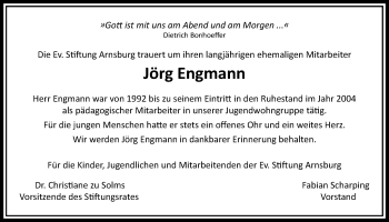 Traueranzeige von Jörg Engmann von Licher Wochenblatt
