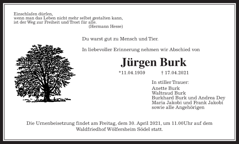  Traueranzeige für Jürgen Burk vom 24.04.2021 aus Wetterauer Zeitung