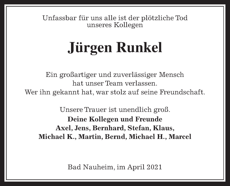  Traueranzeige für Jürgen Runkel vom 24.04.2021 aus Wetterauer Zeitung