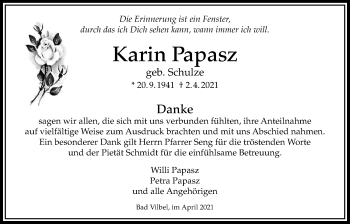 Traueranzeige von Karin Papasz von Bad Vilbel/Karben