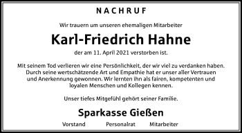 Traueranzeige von Karl-Friedrich Hahne von Giessener Allgemeine, Alsfelder Allgemeine