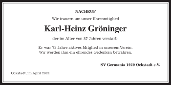 Traueranzeige von Karl-Heinz Gröninger von Wetterauer Zeitung