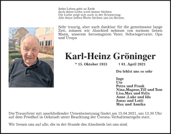 Traueranzeige von Karl-Heinz Gröninger von Wetterauer Zeitung