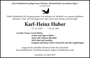 Traueranzeige von Karl-Heinz Huber von Wetterauer Zeitung