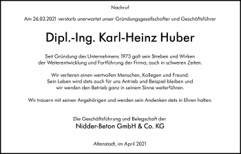 Traueranzeige von Karl-Heinz Huber von Wetterauer Zeitung