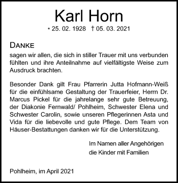 Traueranzeige von Karl Horn von Giessener Allgemeine, Alsfelder Allgemeine