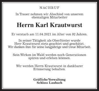 Traueranzeige von Karl Krautwurst von Laubacher Anzeiger