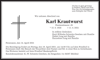 Traueranzeige von Karl Krautwurst von Giessener Allgemeine, Alsfelder Allgemeine