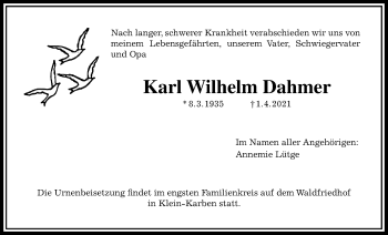 Traueranzeige von Karl Wilhelm Dahmer von Bad Vilbel/Karben