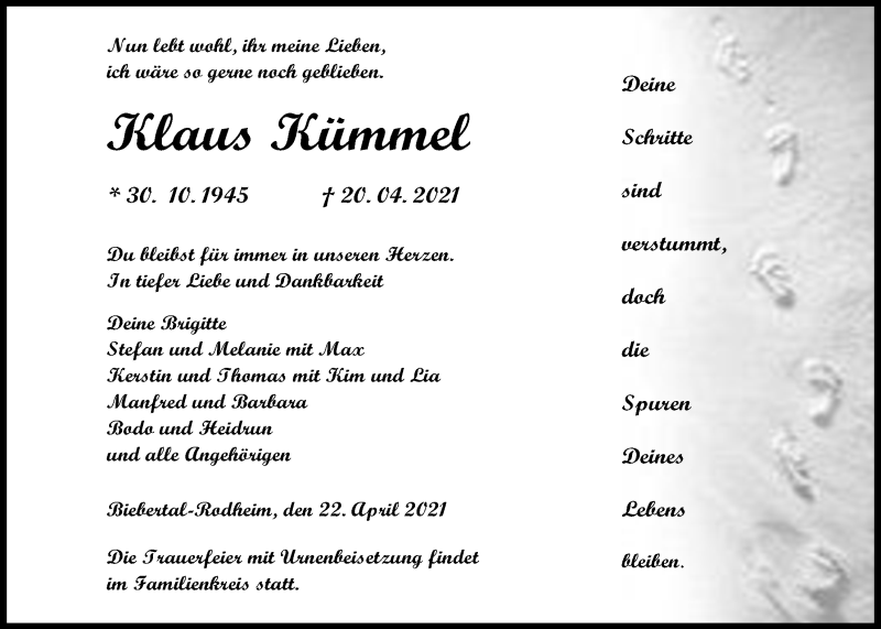  Traueranzeige für Klaus Kümmel vom 22.04.2021 aus Giessener Allgemeine, Alsfelder Allgemeine