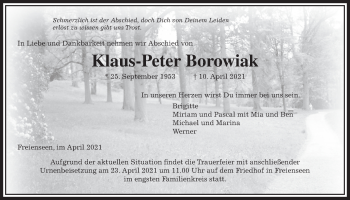 Traueranzeige von Klaus-Peter Borowiak von Laubacher Anzeiger
