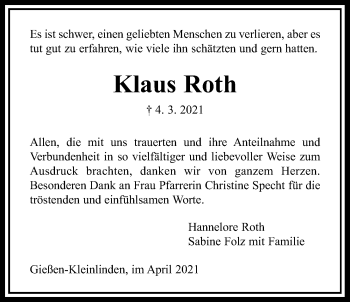 Traueranzeige von Klaus Roth von Giessener Allgemeine, Alsfelder Allgemeine