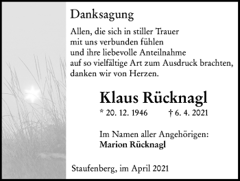 Traueranzeige von Klaus Rücknagl von Giessener Allgemeine, Alsfelder Allgemeine