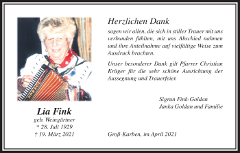 Traueranzeige von Lia Fink von Bad Vilbel/Karben
