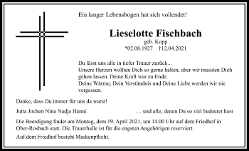 Traueranzeige von Lieselotte Fischbach von Wetterauer Zeitung