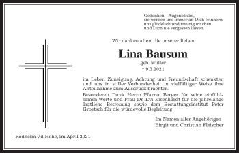 Traueranzeige von Lina Bausum von Wetterauer Zeitung