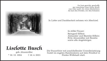 Traueranzeige von Liselotte Busch von Wetterauer Zeitung